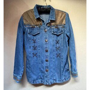 Nancy Bolen City Girl Button Front Blue Denim Jacket Size 8 Snakeskin Detail